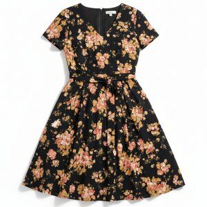 ModCloth Fit Flare Dress Navy Floral Belted Tie Waist Short Sleeve XS
